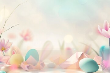 A modern Easter card with a digital rendering of pastel-colored geometric shapes and a clear message area, set against a softly blurred light background. - obrazy, fototapety, plakaty