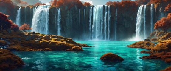 Beautiful Nature Capture waterfall in the mountains. generative ai  - obrazy, fototapety, plakaty
