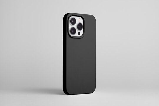iPhone 15 pro in black case back side view isolated on grey background, smart phone mock up