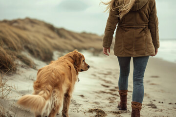 A young woman walks with her golden retriever dog along the seashore - obrazy, fototapety, plakaty