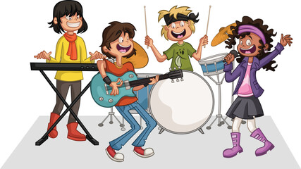 Cartoon teenagers playing on a rock'n'roll band

