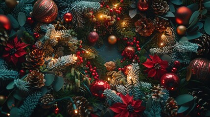 Obraz na płótnie Canvas Vibrant Christmas Flatlay Showcasing Twinkling Lights, Evergreen Wreaths, and Festive Ornaments.