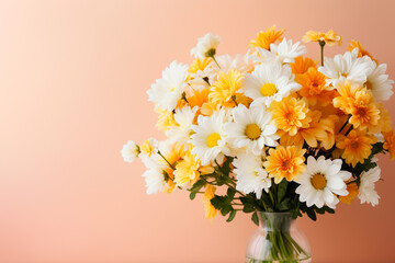 Close-up bouquet of daisies close up in a vase on a beige background, copy space