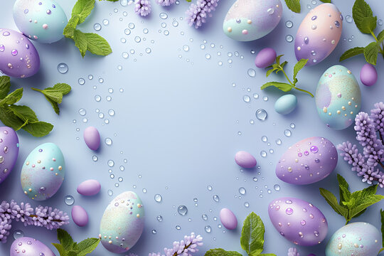  round frame from Easter eggs against lavender color background with empty space in center, banner