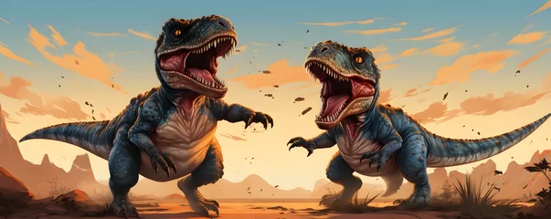 Foto op Canvas Baby velociraptors playing and pouncing in an adorable rambunctious game together. Concept Dinosaur, Playful, Babies, Rambunctious Game, Adorable © Ян Заболотний
