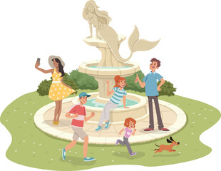 Cartoon people in the park around a water fountain. - 741727652