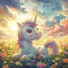 Vector Illustration. Little baby pony running through a flowery sunny field.