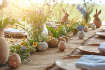 A rustic Easter table adorned with a burlap runner, earthenware plates, and a centerpiece of wildflowers in a mason jar. - obrazy, fototapety, plakaty