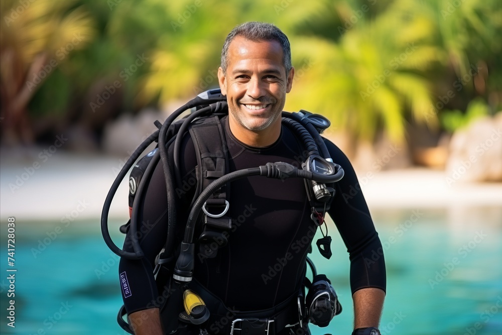 Wall mural Portrait of a happy senior man with scuba gear smiling at the camera - Wall murals