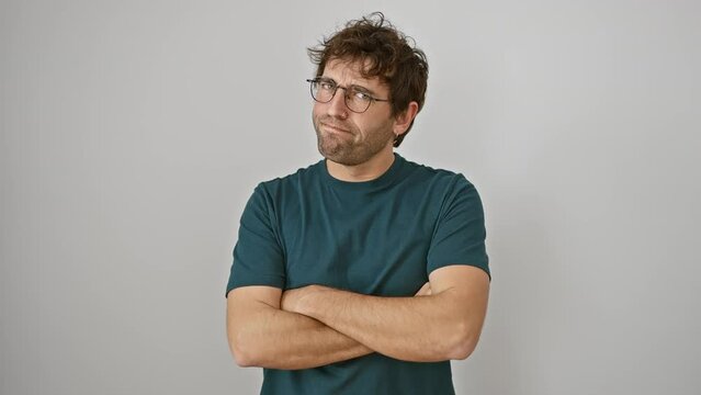 Nervous young hispanic man with skeptic expression, wearing glasses, frosts up, crosses arms in disapproval. negative person isolated on white background.