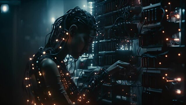 Beautiful cyborg girl on a technological background. Futuristic robot woman. Technology, robotics, artificial intelligence and future concept.