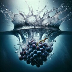 A bunch of dark purple grapes plunging into crystal clear water. Generative AI.