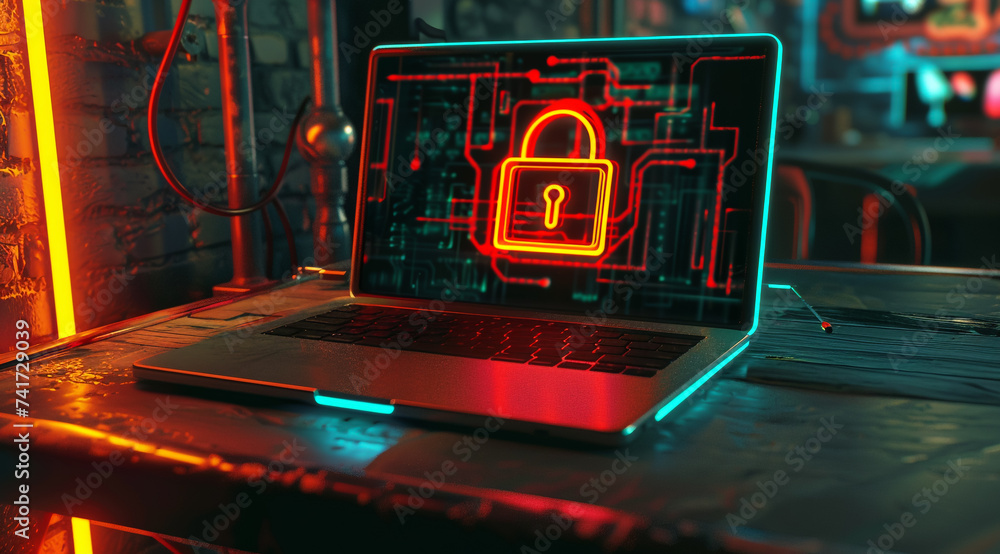 Poster a laptop computer with a security key symbol on it.