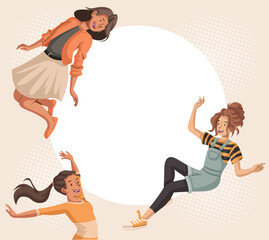Cartoon happy woman flying. Group of beautiful woman in the air.
