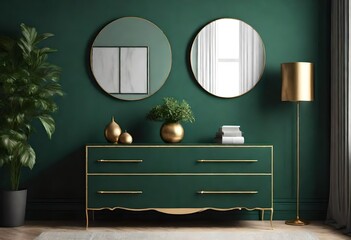 Commode with decor in living room interior, dark green wall mock up background. AI Generative 