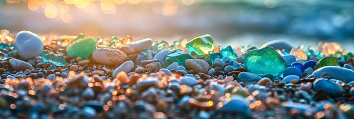Trendy colorful small sea stone pebble background. Colorful gemstones crystal pebbles on beach. Multicolored abstract beach nature pattern - Powered by Adobe