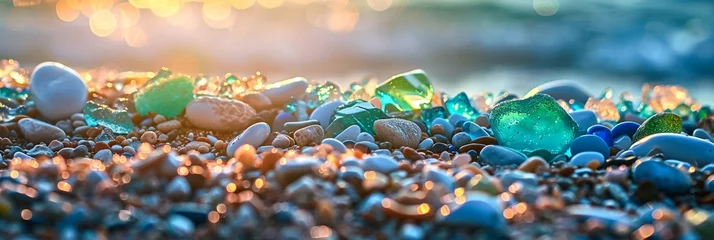 Zelfklevend Fotobehang Trendy colorful small sea stone pebble background. Colorful gemstones crystal pebbles on beach. Multicolored abstract beach nature pattern © Jasper W