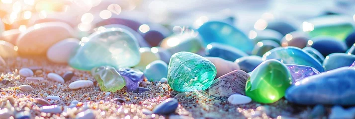 Foto op Aluminium Trendy colorful small sea stone pebble background. Colorful gemstones crystal pebbles on beach. Multicolored abstract beach nature pattern © Jasper W