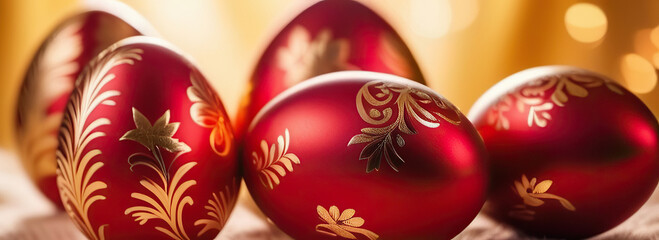 Luxurious red Easter eggs decorated with gold carved floral ornaments with glitter. Background light bokeh. Easter holiday, holiday marketing, greeting card, greetings, Christian traditions - obrazy, fototapety, plakaty