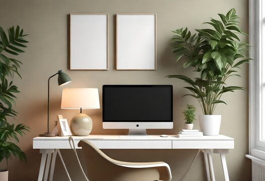 Interior room mockup with white desk and objects, plant, lamp, and khaki painted wall. 3d rendering. 3d illustration. AI generative