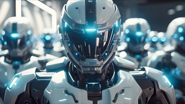Combat robot in military metal armor. Futuristic cyborg security guard. Technology, robotics, artificial intelligence and future concept.