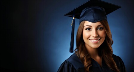 Mujer graduada sonriente fondo azul - obrazy, fototapety, plakaty