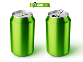 Vector realistic illustration of green soda cans on a white background.