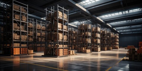 Modern warehouse with shelving. Distribution center. Generative AI
