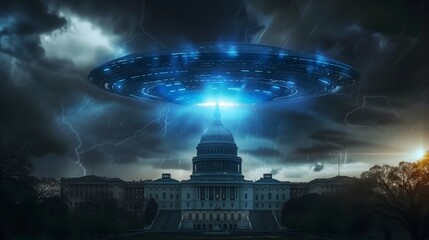 Majestic UFO Emitting Light Over the US Capitol Building at Nightfall - obrazy, fototapety, plakaty