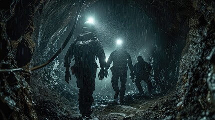 Illuminated Path: Traversing the Subterranean Labyrinth with Miner's Grit and Determination. - obrazy, fototapety, plakaty