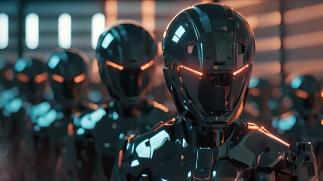 Combat robot in military metal armor. Futuristic cyborg security guard. Technology, robotics, artificial intelligence and future concept.