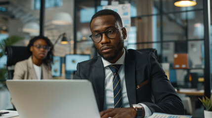 A professional in a suit is working at a desk with multiple computer monitors displaying graphs and analytical data in a modern corporate office setting.