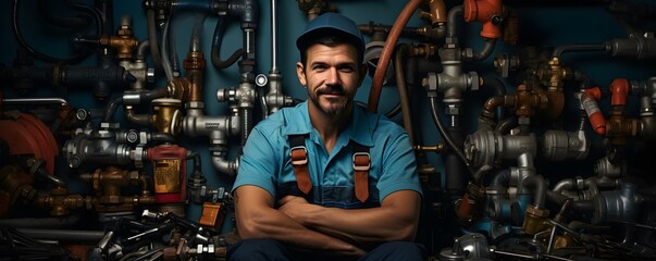Fototapeta na wymiar Confident plumber in action resolving complex challenges at a bustling plumbing company. Concept Plumber Skills, Complex Challenges, Plumbing Company, Confidence in Action, Professional Solutions