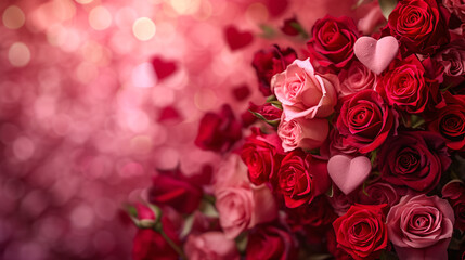 Luxurious bouquet of red and pink roses with heart shapes perfect for romantic occasions and Valentine's Day celebrations.