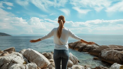 Woman Embracing the Horizon, Standing on a Rocky Seashore - obrazy, fototapety, plakaty