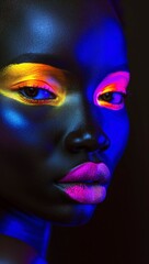 A captivating portrait of a bold and expressive woman with vibrant neon makeup, showcasing her detailed eyelashes, dark eyeshadow, bold lip color, and striking eyebrows in a closeup shot