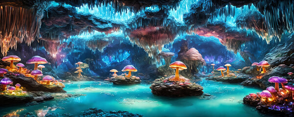 Crystal Cave filled with shimmering crystal formations, glowing mushrooms, and irides. Generative AI
