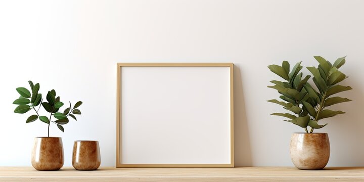 Contemporary interior display with wooden table, golden frames, and green plant on white background.