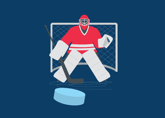 Ice hockey tournament, game, match. Hockey goalkeeper, goaltender protects the gate.Ice skating.Active lifestyle.Winter sport, active leisure. Training. Outdoor activity.Color flat vector illustration