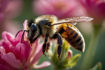 Illustration of Bee or Honeybee harvesting pollen from blooming  pink flower. Close up. 