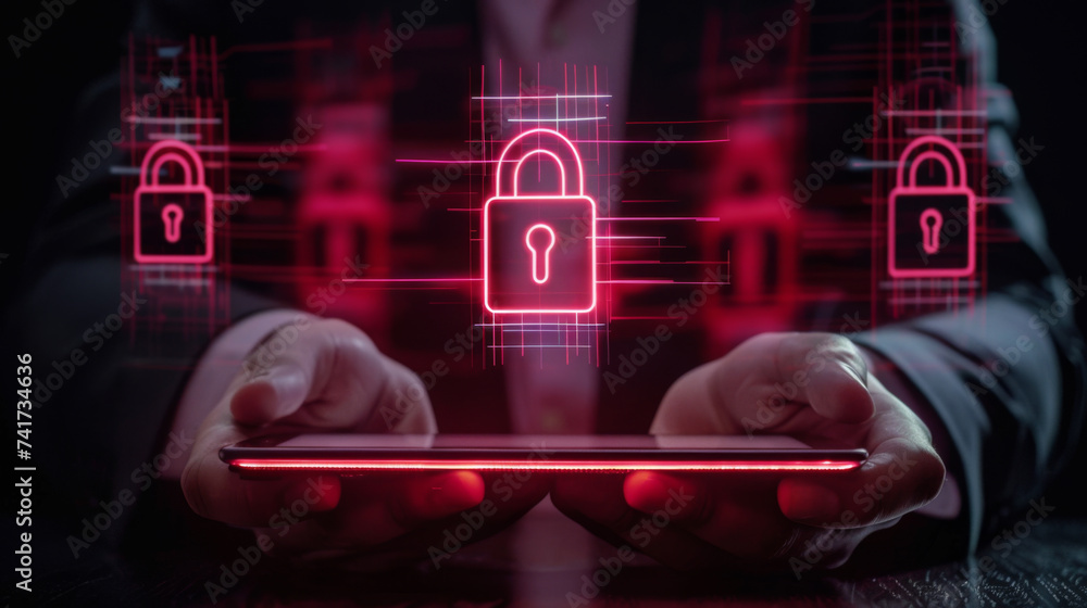 Poster businessman is using a tablet that displays a holographic projection of cybersecurity lock icons, sy