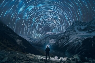 Time-lapse photography, large area circular star trail at dark night with stones on the ground and high mountains - obrazy, fototapety, plakaty