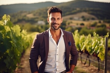 Portrait of handsome young man in vineyard, looking at camera