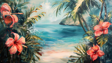 Fototapeta na wymiar Vibrant Tropical Beach Scene Painting with Hibiscus Flowers and Palm Trees