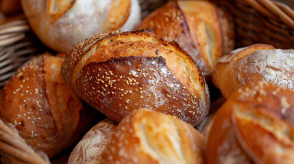 Artisan Bread Assortment in Basket Closeup Background