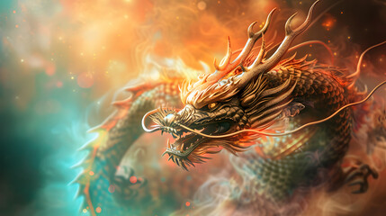 Majestic Chinese Dragon in Fiery Colors with Ethereal Background