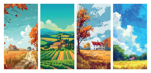 Seasonal landscapes collection. Vibrant illustrations of countryside throughout the year