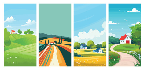 Colorful seasons landscape illustrations with houses and fields - obrazy, fototapety, plakaty