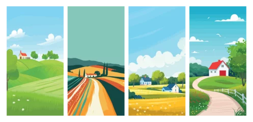 Poster Colorful seasons landscape illustrations with houses and fields © Mustafa
