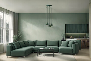 Interior of a green modern cozy living room with kitchen. Living room with sofa, coffee table and interior items
